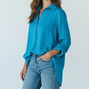 Renuar Airflow Blouse Teal Blue Lightweight Button Front Top Size M